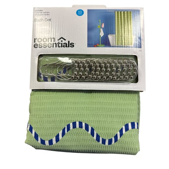 ROOM ESSENTIALS Green Shower Curtain & 12 Shower Hooks Bath Set 72X72 - Picture 2 of 7